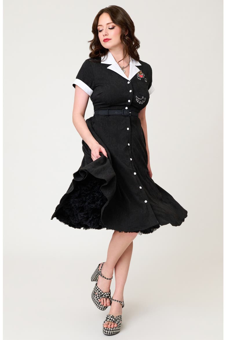 Collared Short Sleeved Belted Alexis Swing Dress, Alternate, color, Black w/ Cat Embroidered
