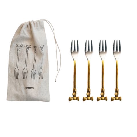 4-Piece Appetizer Forks with Gold Finish Bow Handles, Stainless Steel and Brass