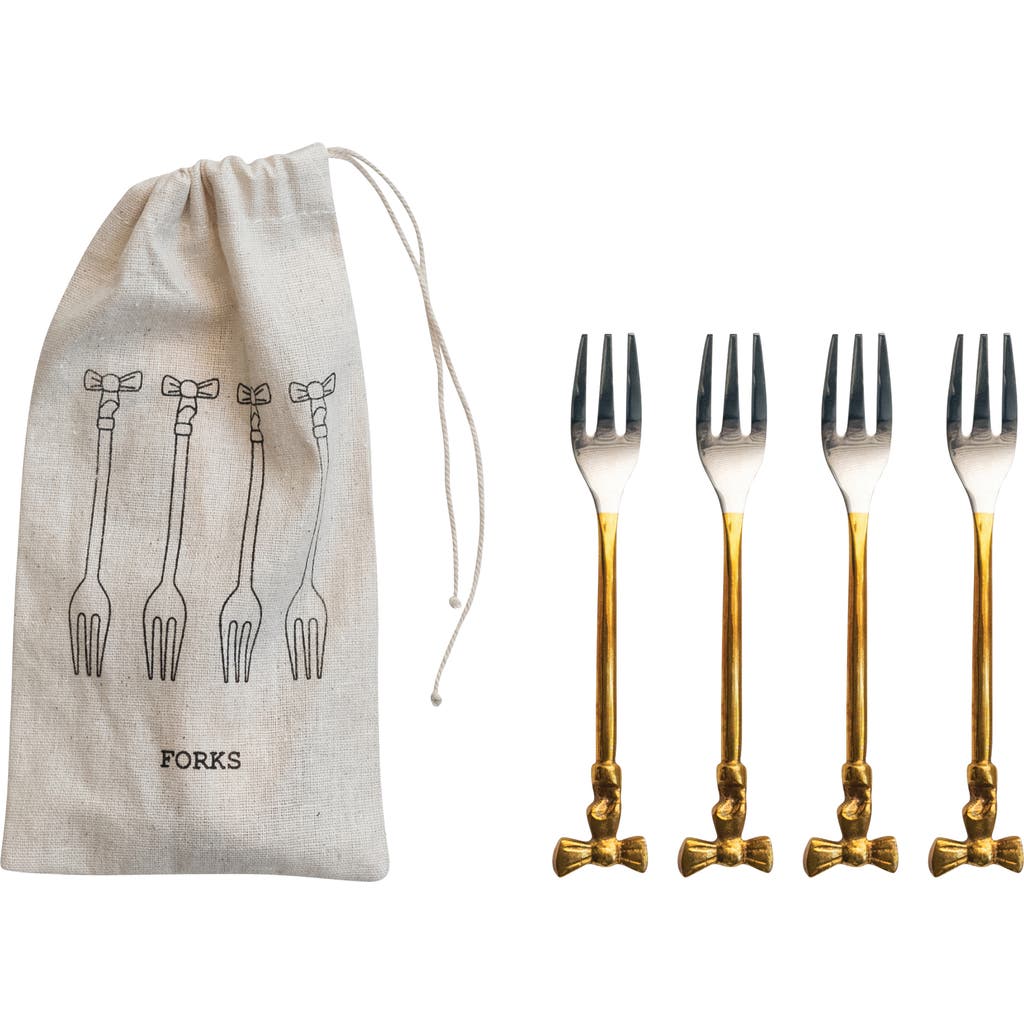 Storied Home 4-piece Appetizer Forks With Gold Finish Bow Handles, Stainless Steel And Brass In Gold
