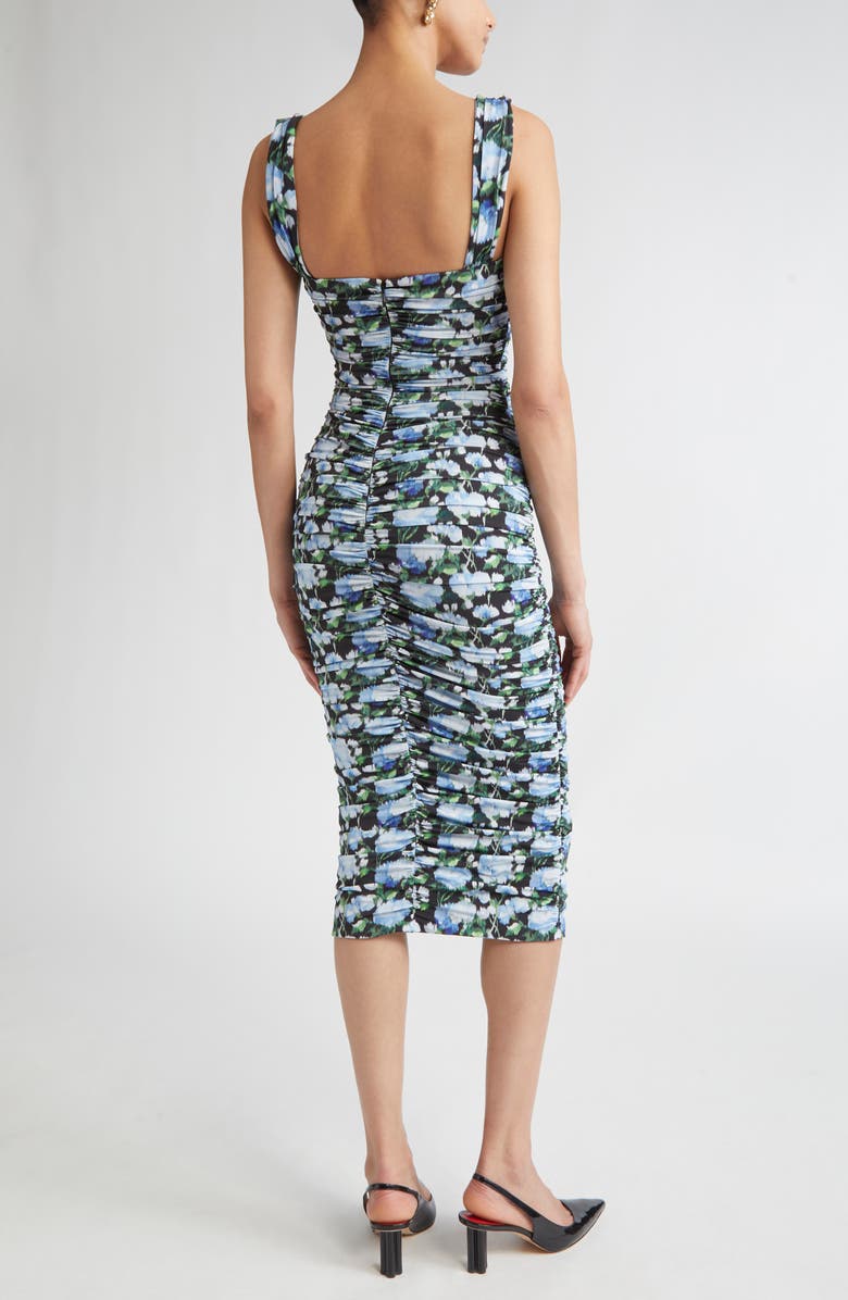 Carolina Herrera Peony Print Ruched Stretch Jersey Midi Dress, Alternate, color, Blue Multi