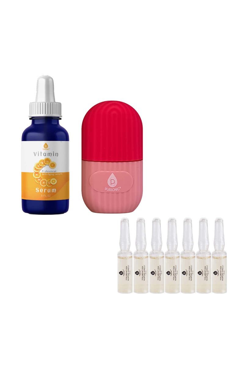 PURSONIC Radiant Glow & Refresh Skincare Bundle Ice Cube Facial Roller Massager + Vitamin C Serum + Hyaluronic Acid Ampoule Set, Main, color, Multicolor