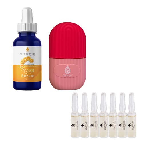 Pursonic Radiant Glow & Refresh Skincare Bundle Ice Cube Facial Roller Massager + Vitamin C Serum + In Multicolor
