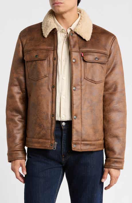 Faux Leather Trucker Jacket with Faux Shearling Collar
