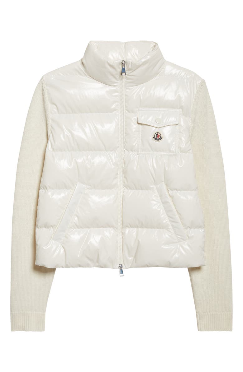 Moncler Mixed Media Quilted Down Puffer Cardigan, Main, color, Silk White
