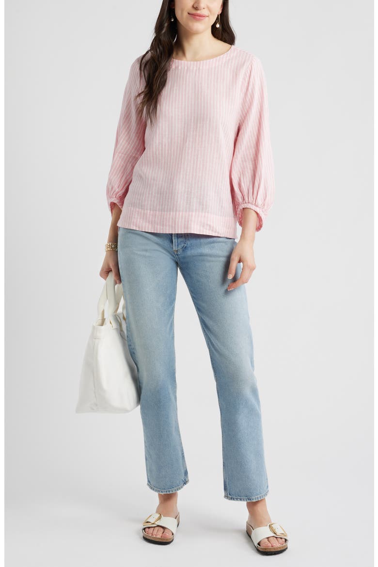 Balloon Sleeve Linen Blend Top, Alternate, color, PINK- IVORY PENNY STRIPE