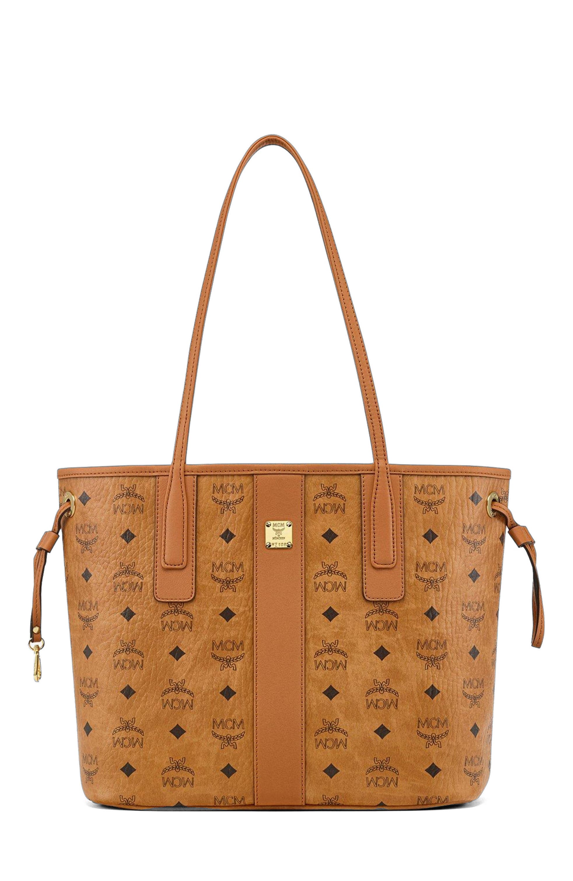 MCM Small Reversible Liz Shopper in Visetos, Main, color, Cognac