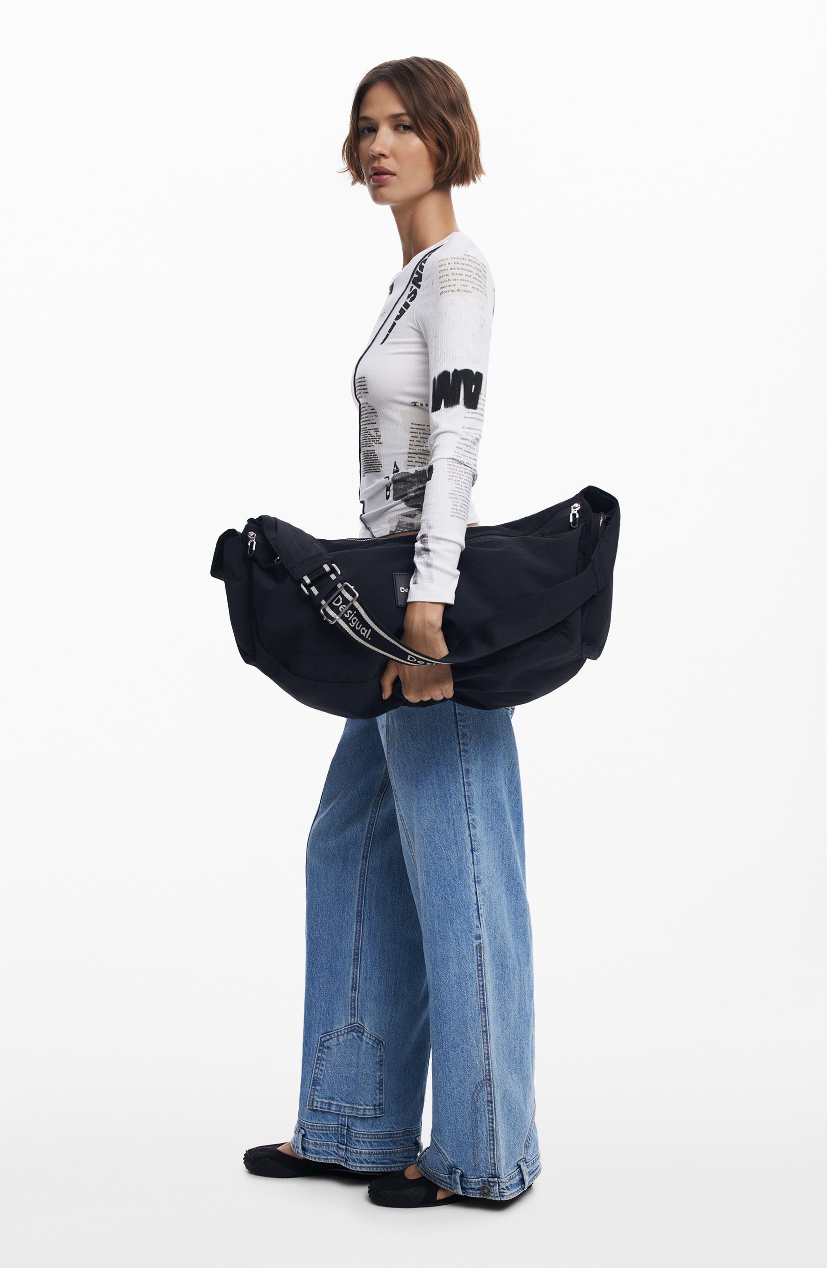 Desigual Large Nylon Duffle Bag, Alternate, color, Black