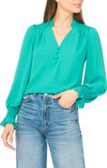 CeCe Half Placket Smocked Accent Top