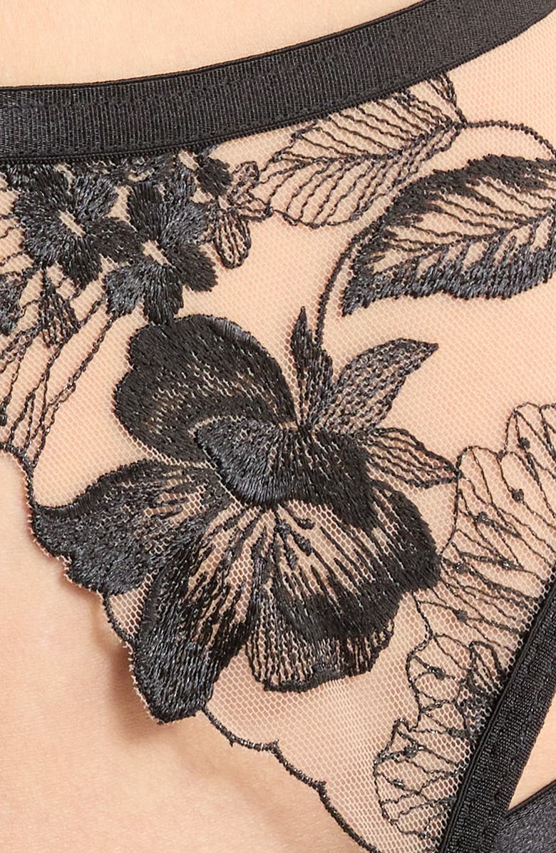 MeMoi Ingrid Embroidered Underwire Bra, Garter Belt & Thong Set, Alternate, color, Black