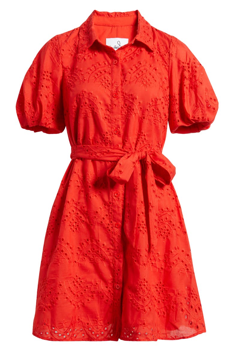 Puff Sleeve Eyelet Shirtdress, Alternate, color, RED CORAL