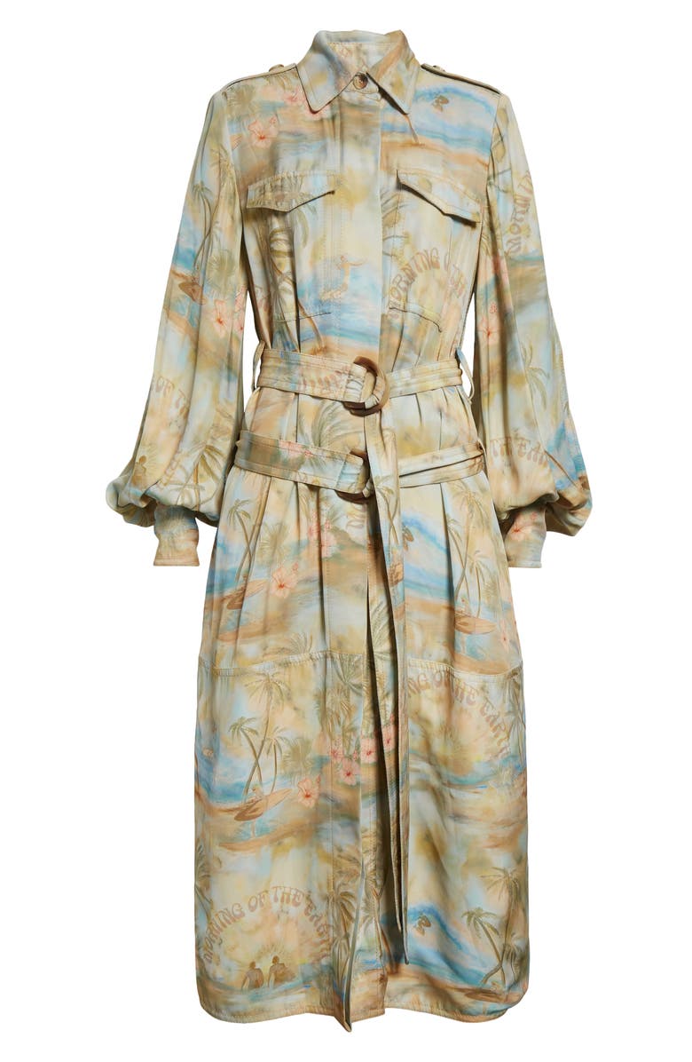Tropical Print Long Sleeve Belted Cargo Shirtdress