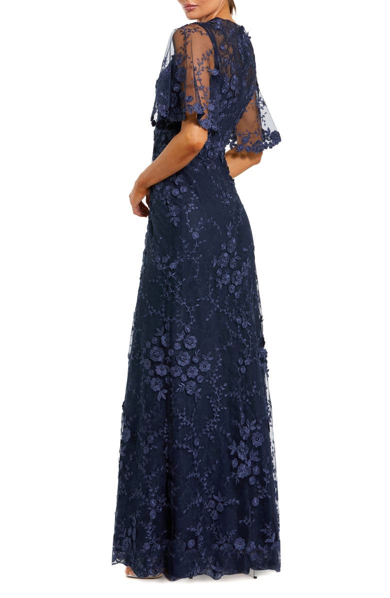 Mac Duggal Flutter Sleeve Floral Emboridered Net Gown, Alternate, color, Midnight