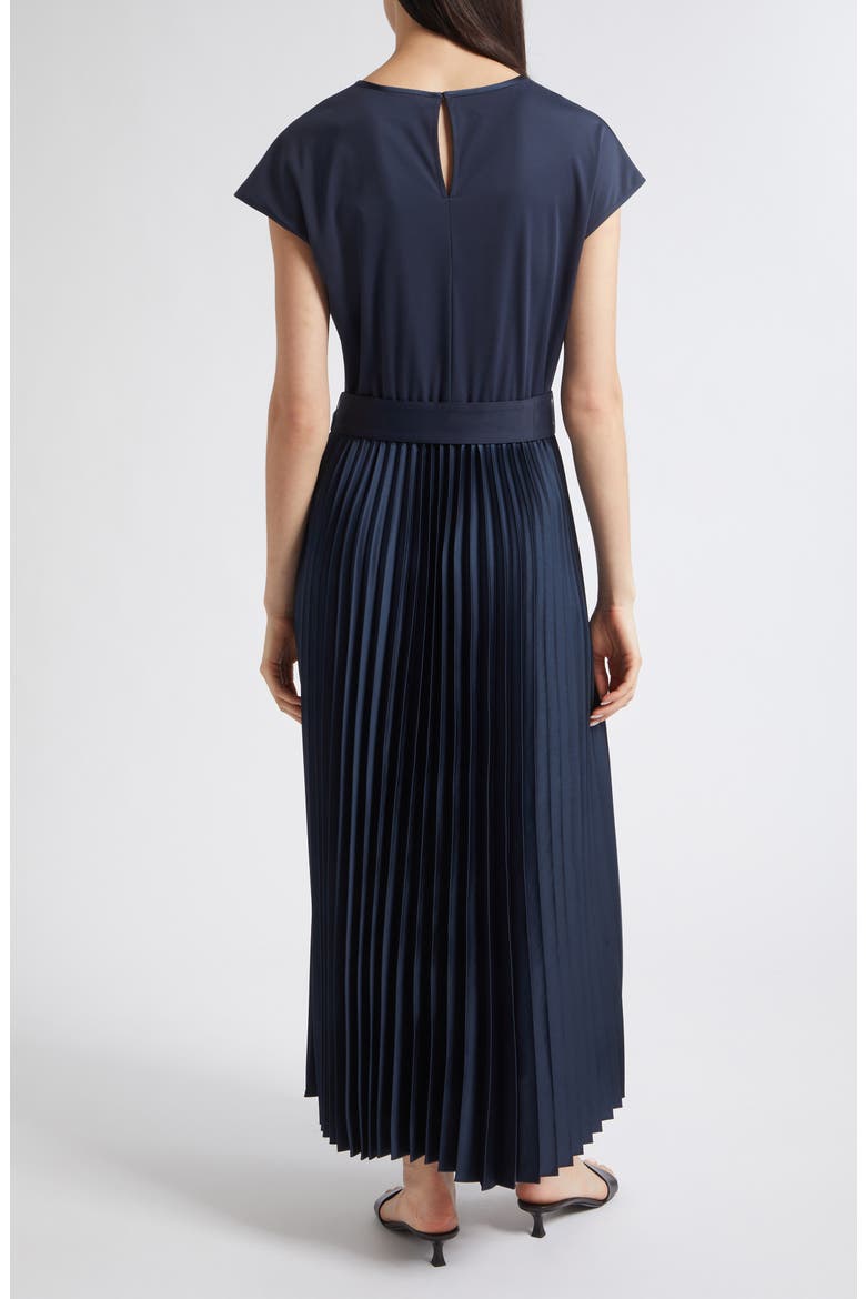 Tie Waist Pleated Satin Maxi Dress, Alternate, color, NAVY