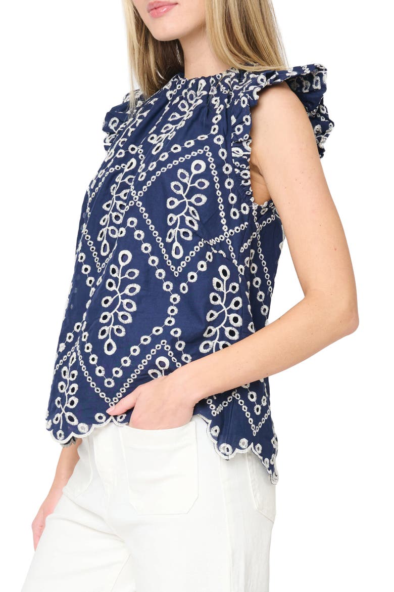 Ribbon Detail Flutter Sleeve Top, Alternate, color, NAVY EYELET