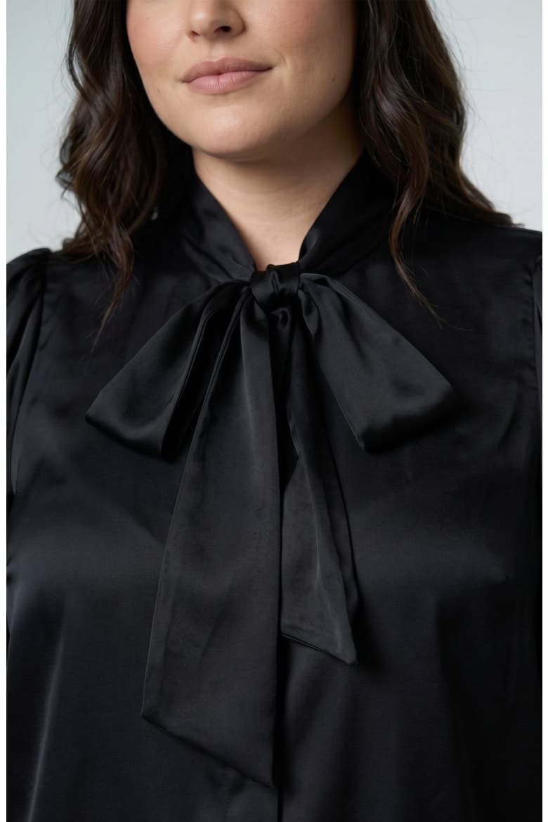 Tie Neck Puff Sleeve Satin Top, Alternate, color, BLACK