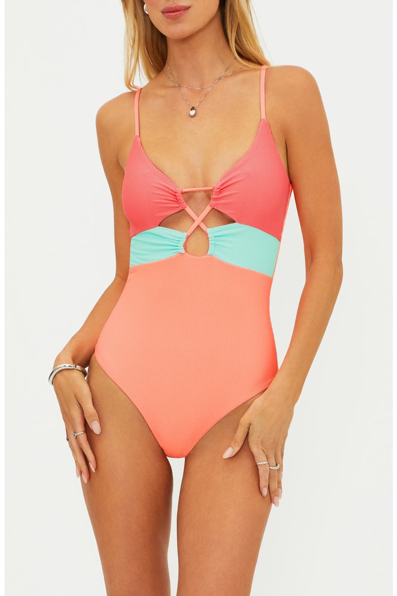 Leslie Cutout One-Piece Swimsuit, Main, color, GUAVA JELLY COLORBLOCK