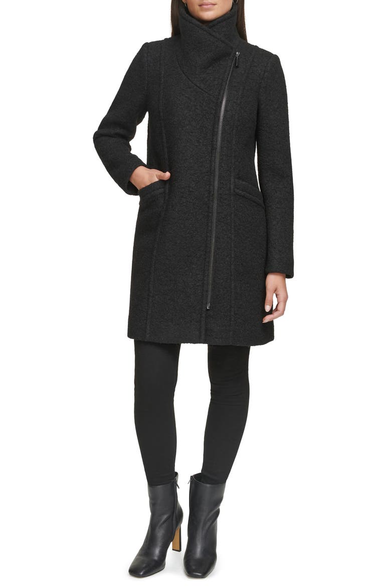 Asymmetric Zip Convertible Collar Bouclé Coat, Alternate, color, BLACK