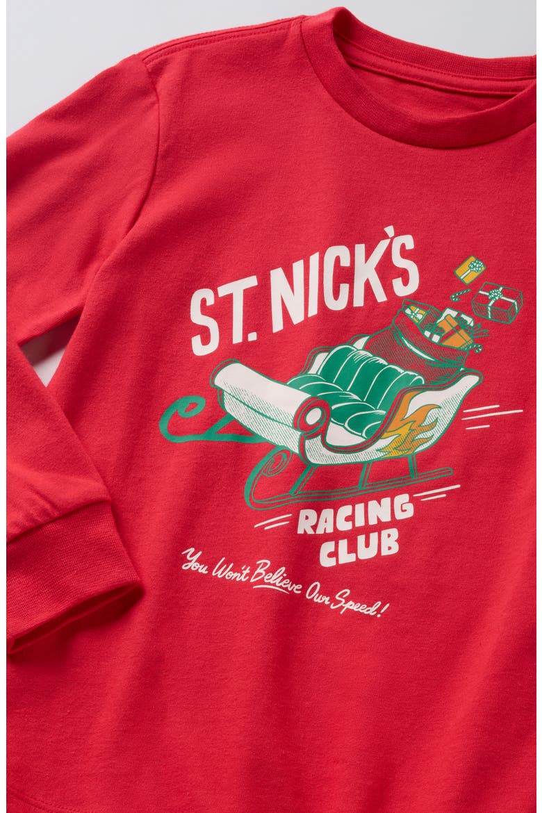 Kids' Long Sleeve Cotton Blend Graphic T-Shirt, Alternate, color, RED FESTIVE ST. NICKS RACING