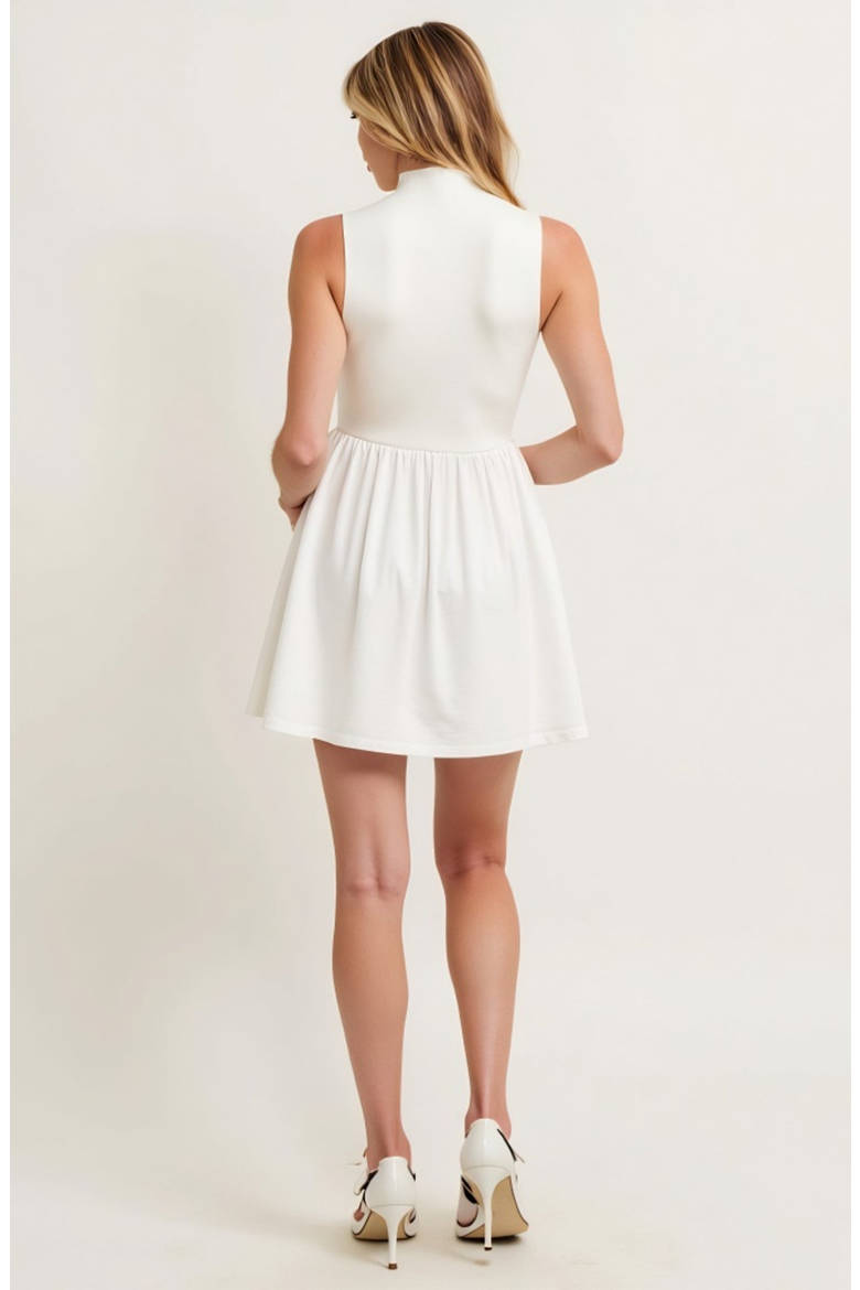 Mock Neck Sleeveless Mini Dress with Gathered Skirt and Pockets, Alternate, color, White