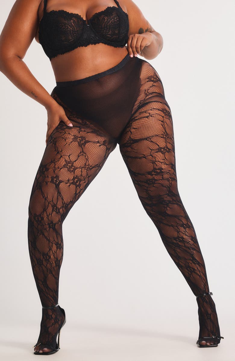 SAVAGE X FENTY Savage X Lace Floral Sheer Tights, Alternate, color, Black Caviar