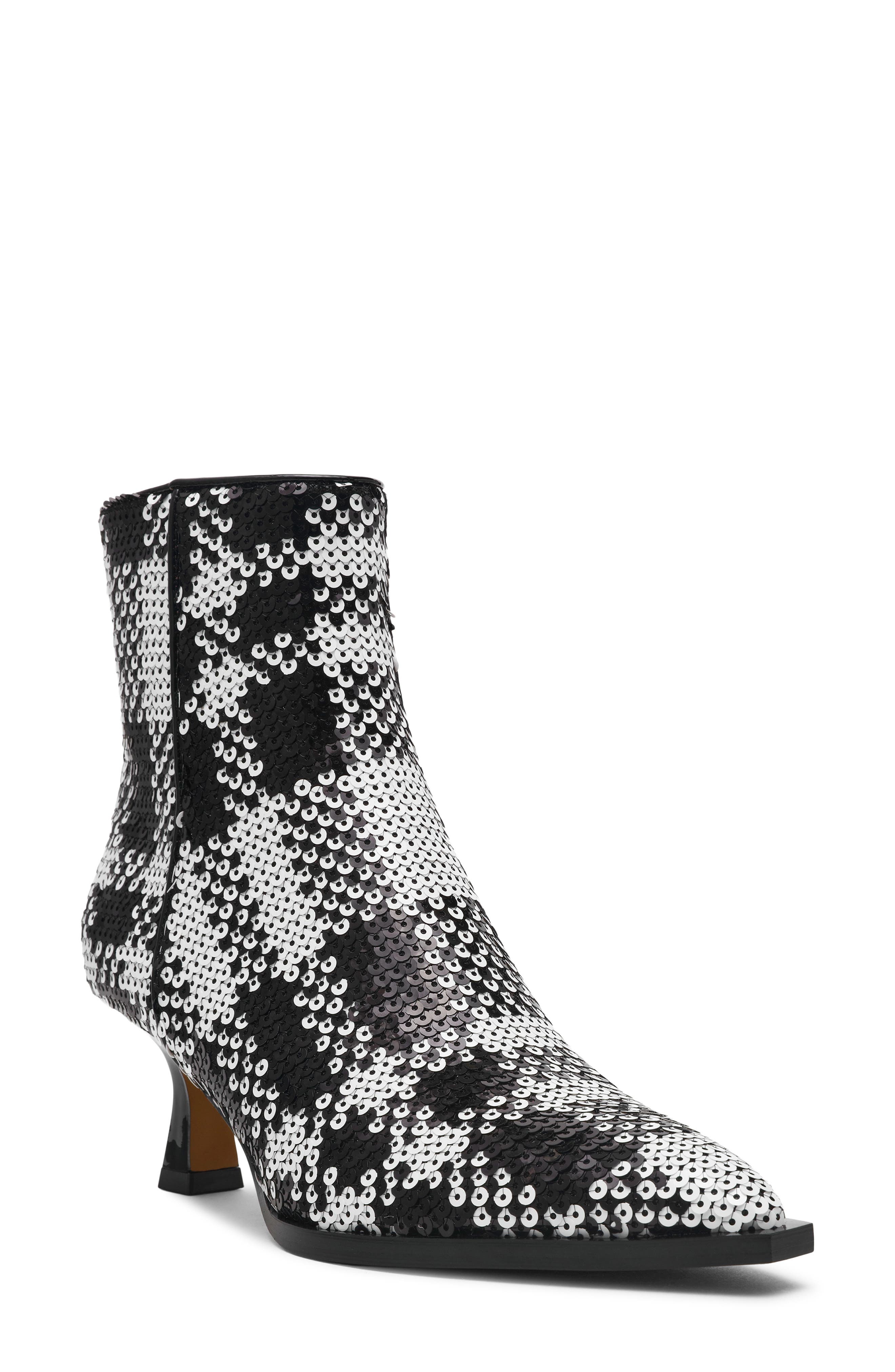 Betsey Johnson Louisa Pointed Toe Bootie in Black/White Plaid 