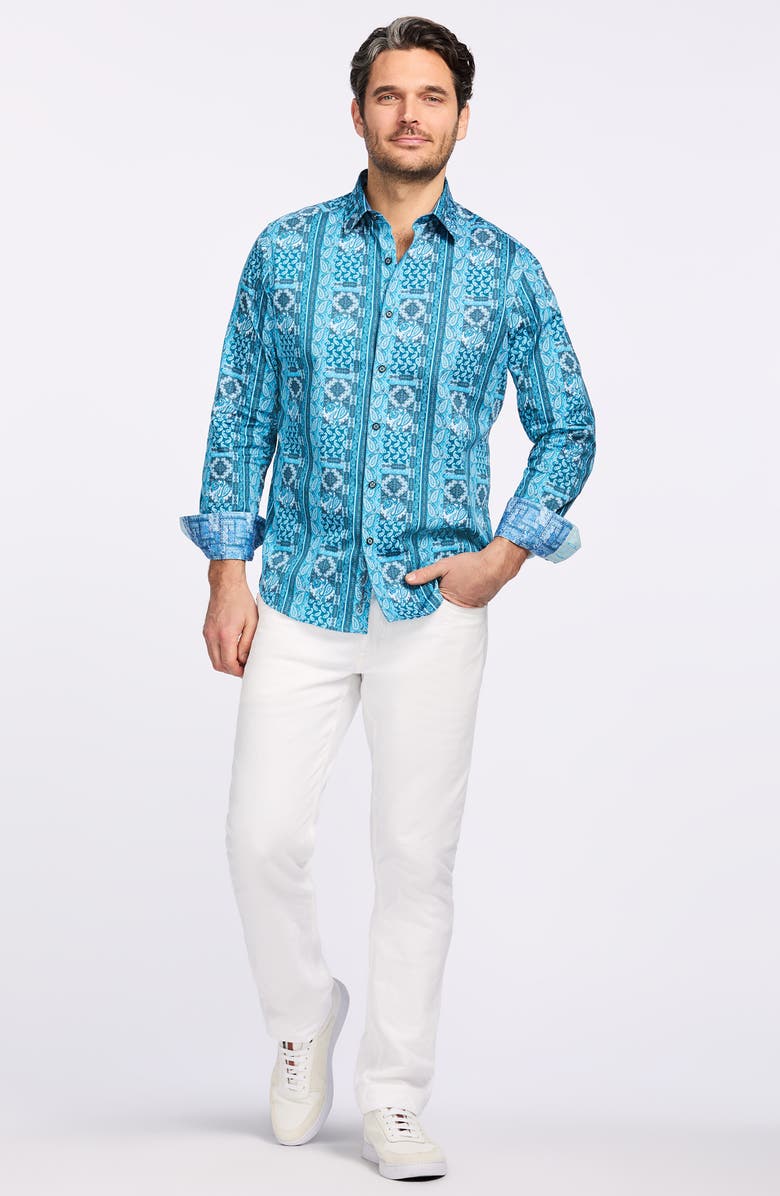 Robert Graham Paisley Print Cotton Button-Up Shirt, Alternate, color, Teal