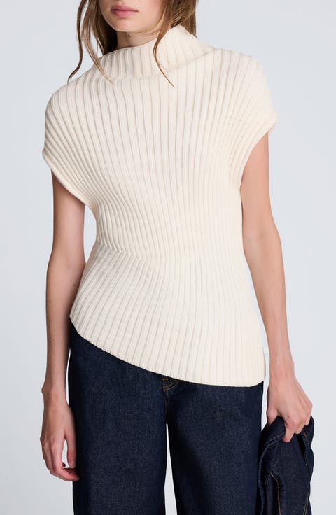 Ribbed Mock Neck Asymmetric Hem Top