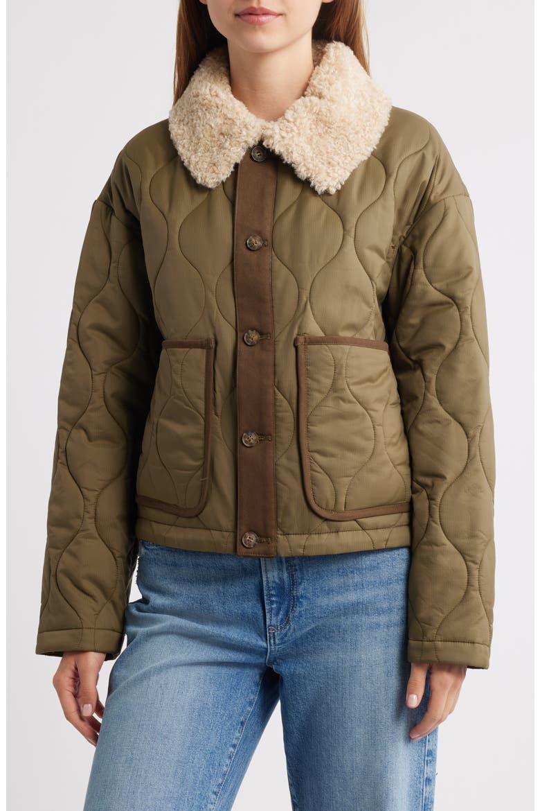 Quilted Crop Jacket with Faux Shearling Collar, Main, color, OLIVE
