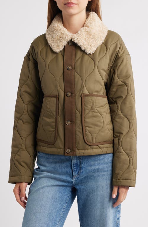 Lucky Brand Quilted Crop Jacket With Faux Shearling Collar In Brown