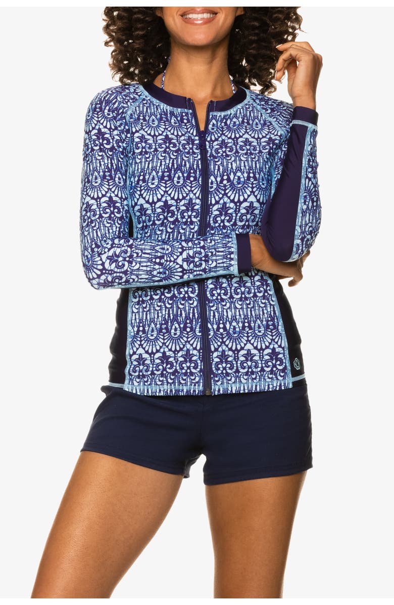 HELEN JON Island Rash Guard Upf 50+, Main, color, Island Batik Navy