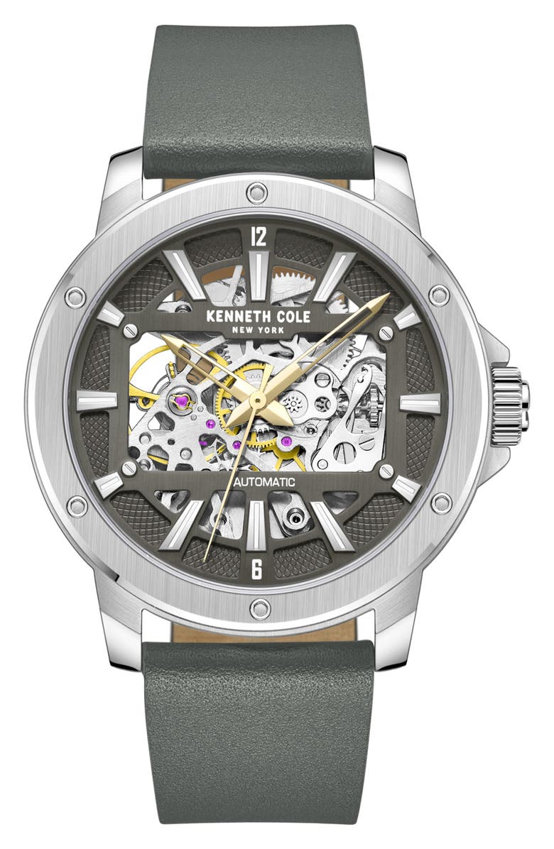 Kenneth Cole Automatic Leather Strap Watch, 44mm, Main, color, 