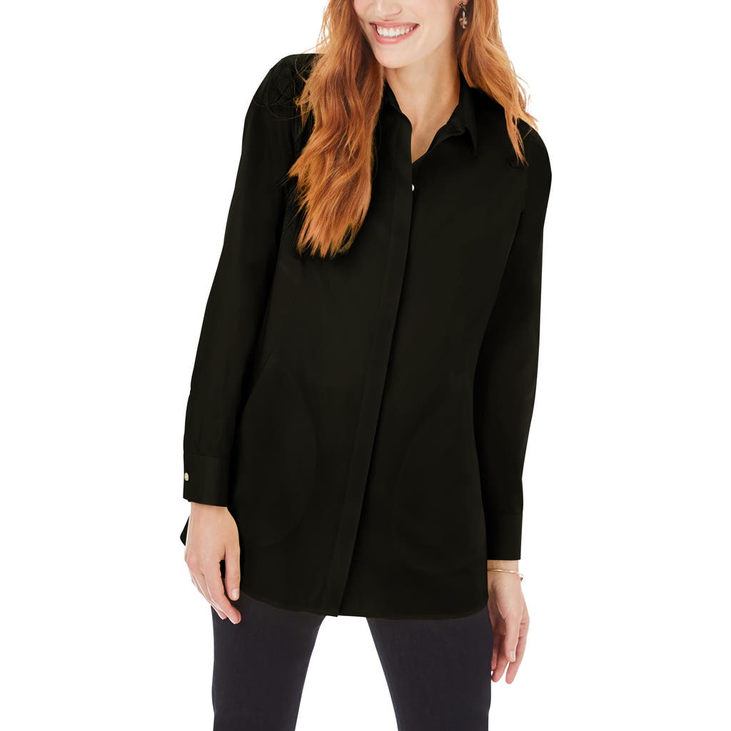 Foxcroft Cici Non-iron Stretch Tunic Shirt In Black
