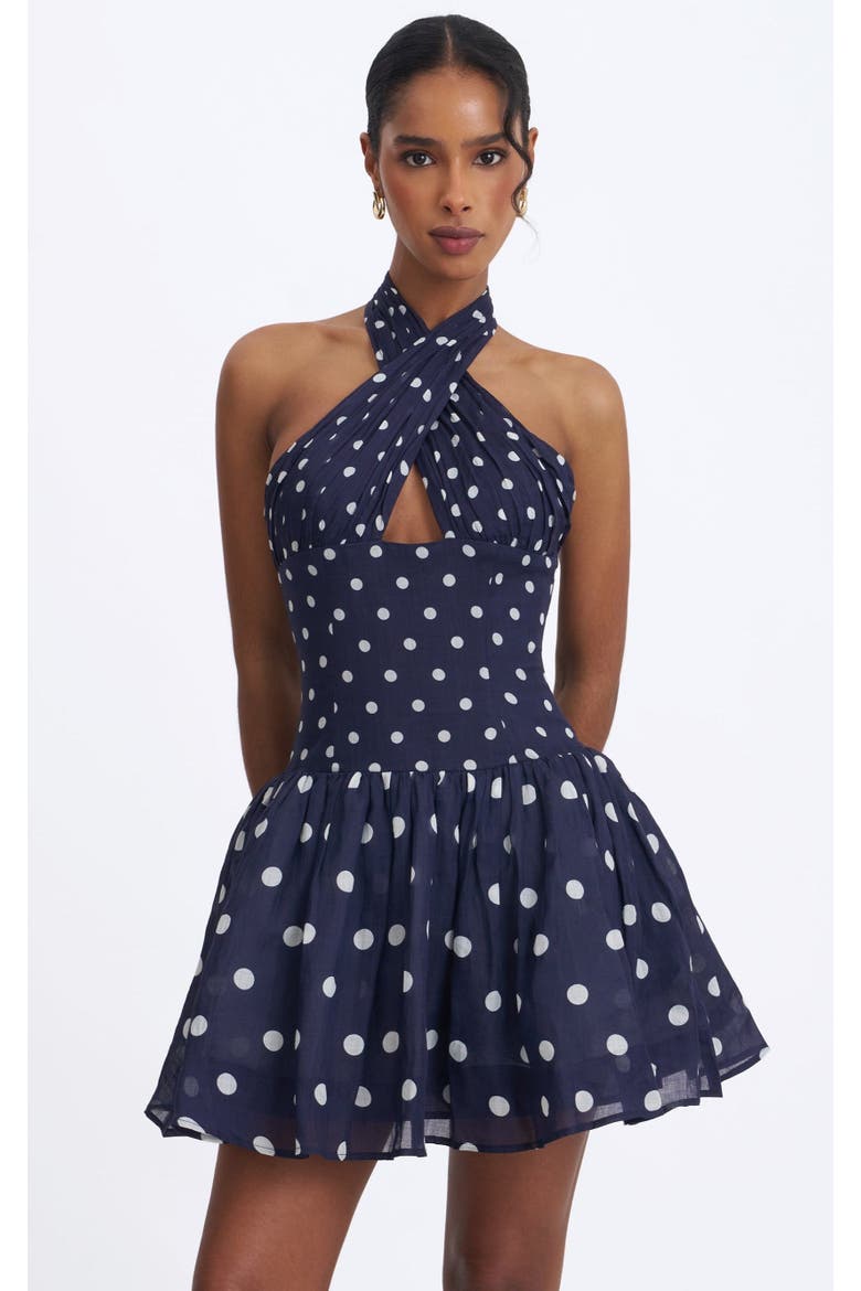 Yamina Polka Dot Ramie Crossover Halter Gathered Mini Dress, Main, color, Navy