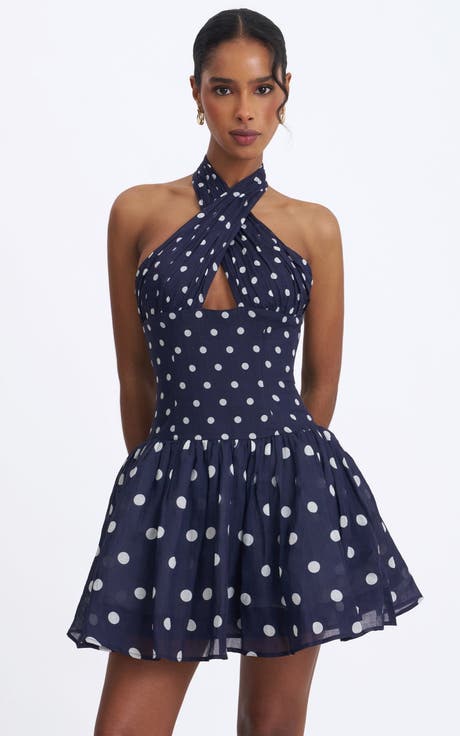 Yamina Polka Dot Ramie Crossover Halter Gathered Mini Dress