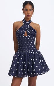 Miss Circle Yamina Polka Dot Ramie Crossover Halter Gathered Mini Dress