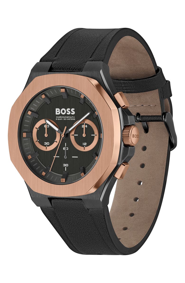 BOSS Taper Chronograph Leather Strap Watch, Alternate, color, Black