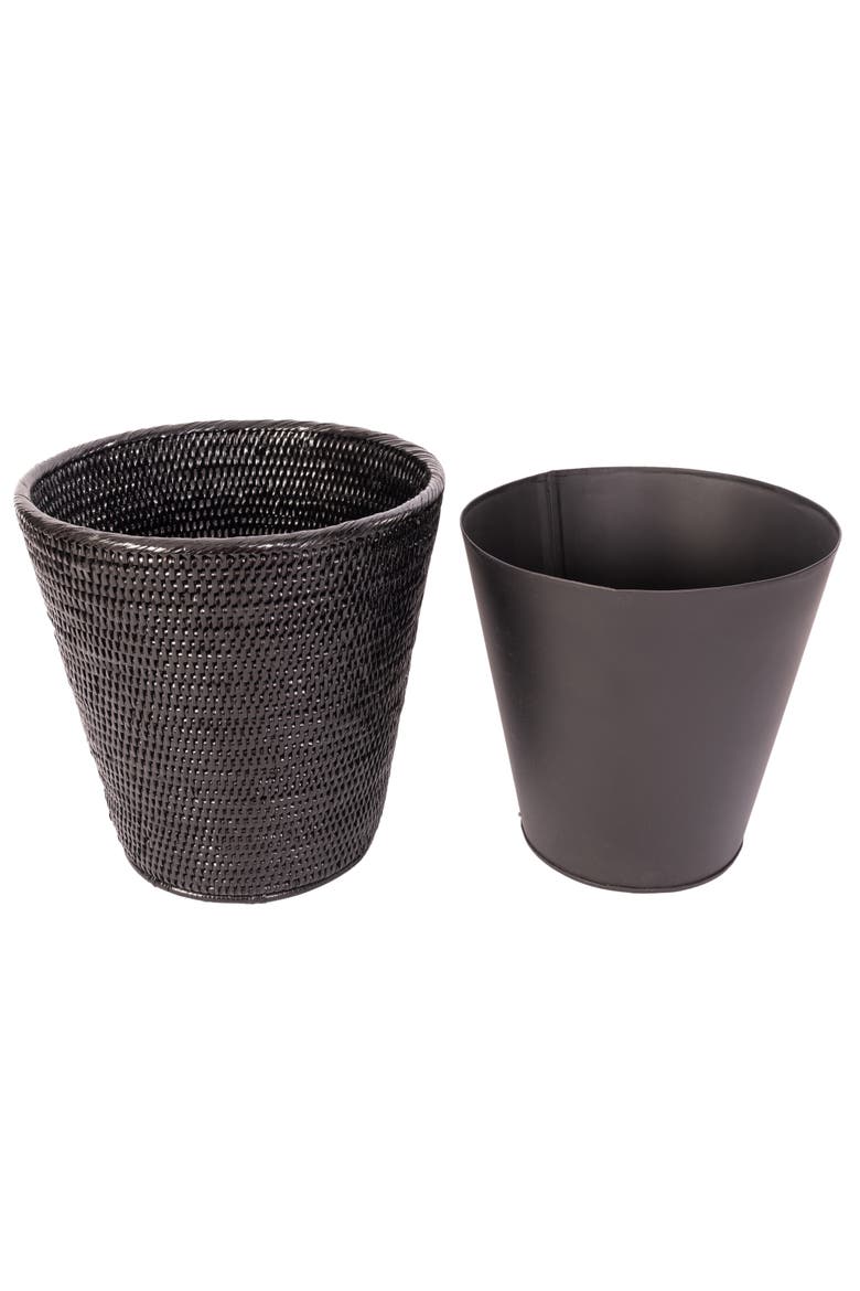 Artifacts Rattan Round Tapered Waste Basket with Metal Liner, Alternate, color, Tudor Black