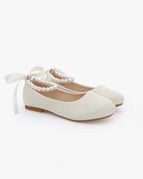 Harper Satin Flower Girl Flats with All Pearls Ankle Strap