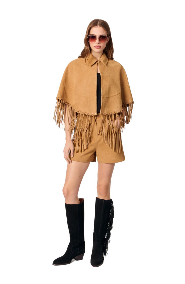 maje Short nubuck fringed coat, Alternate, color, 