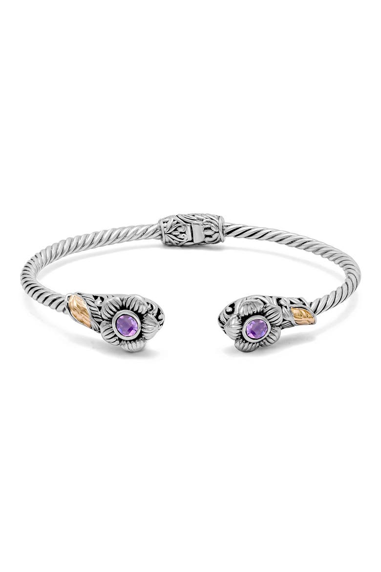 Sterling Silver & 18K Gold Amethyst Flower Hinge Bangle, Main, color, PURPLE