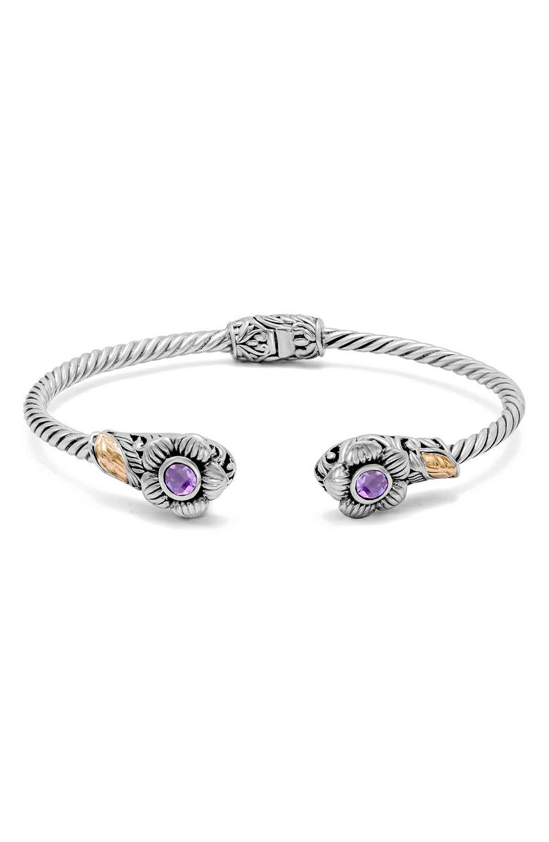 SAMUEL B. Sterling Silver & 18K Gold Amethyst Flower Hinge Bangle, Main, color, Purple