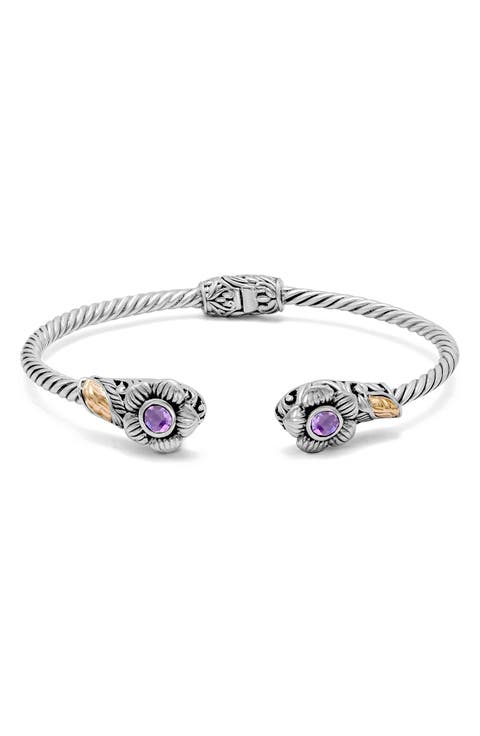 Sterling Silver & 18K Gold Amethyst Flower Hinge Bangle
