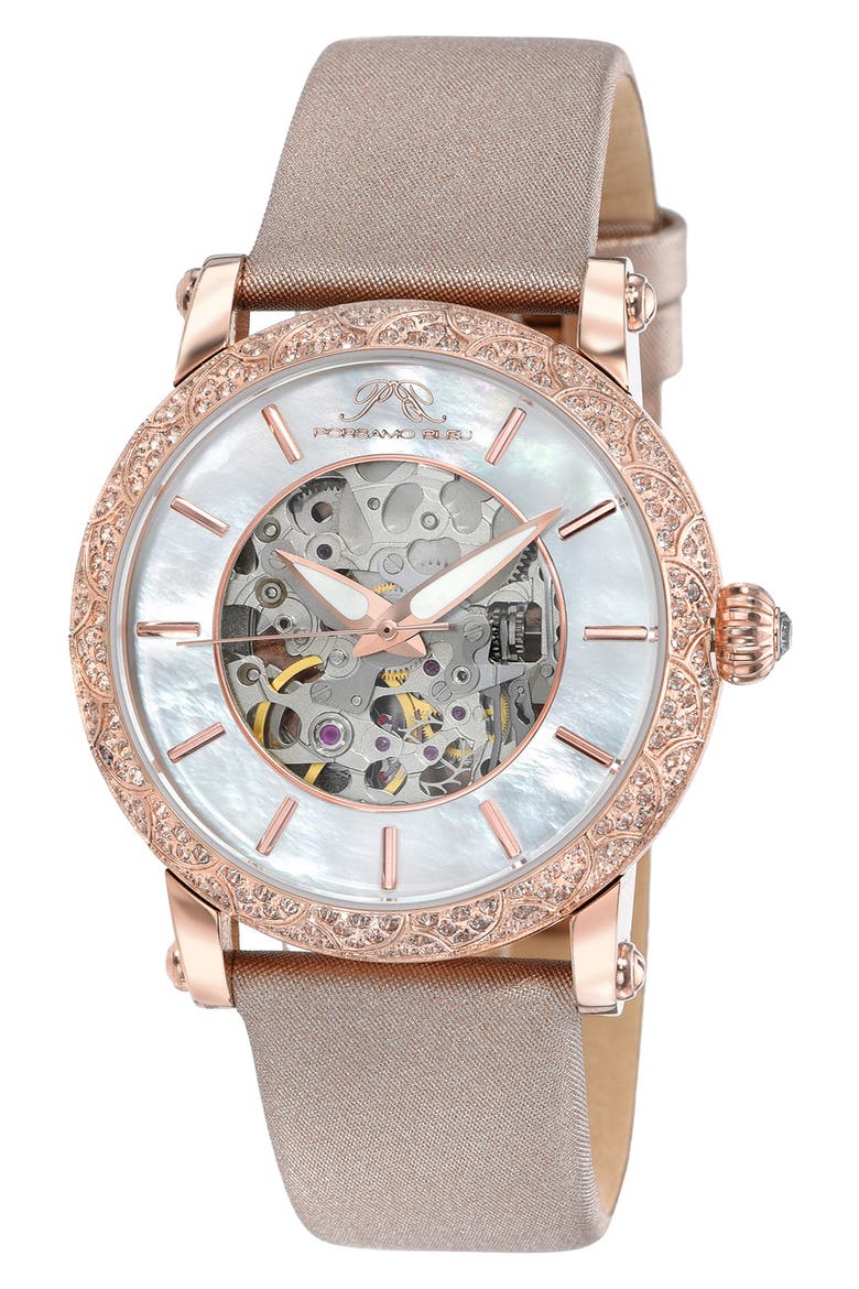 Liza Automatic Satin Leather Strap Watch, 38mm, Main, color, ROSE TONE