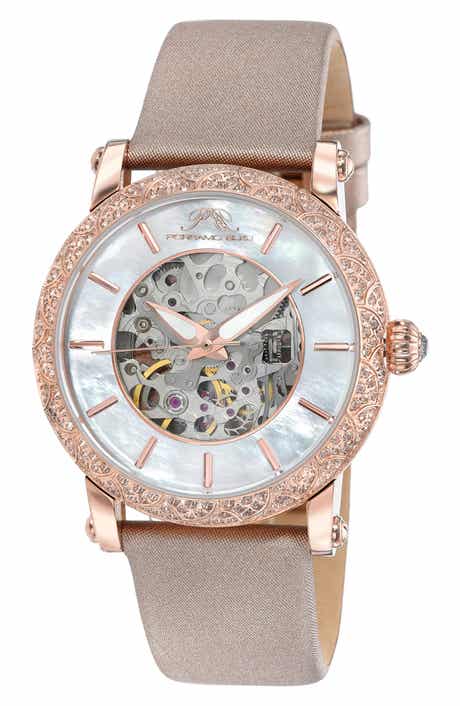 PORSAMO BLEU Liza Automatic Satin Leather Strap Watch, 38mm