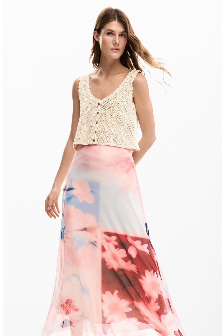 Crochet Bodice Floral Block Midi Dress, Alternate, color, PINK