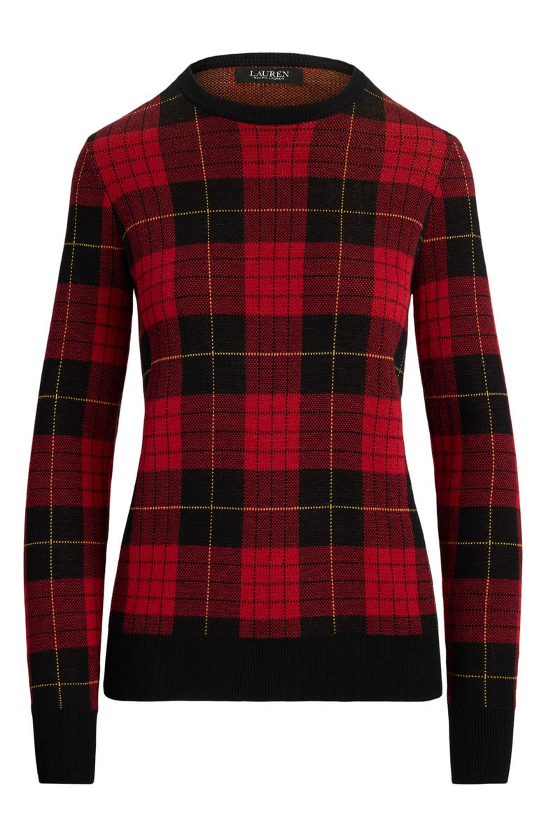 Lauren Ralph Lauren Plaid Crewneck Cotton Blend Sweater, Alternate, color, Black/ Red Multi