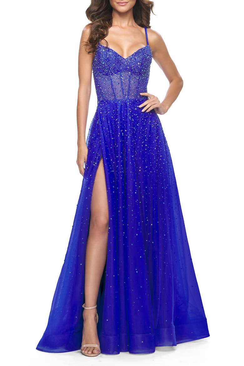 Rhinestone A-Line Tulle Prom Dress with Illusion Bodice, Main, color, Royal Blue