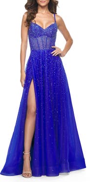 La Femme Rhinestone A-Line Tulle Prom Dress with Illusion Bodice