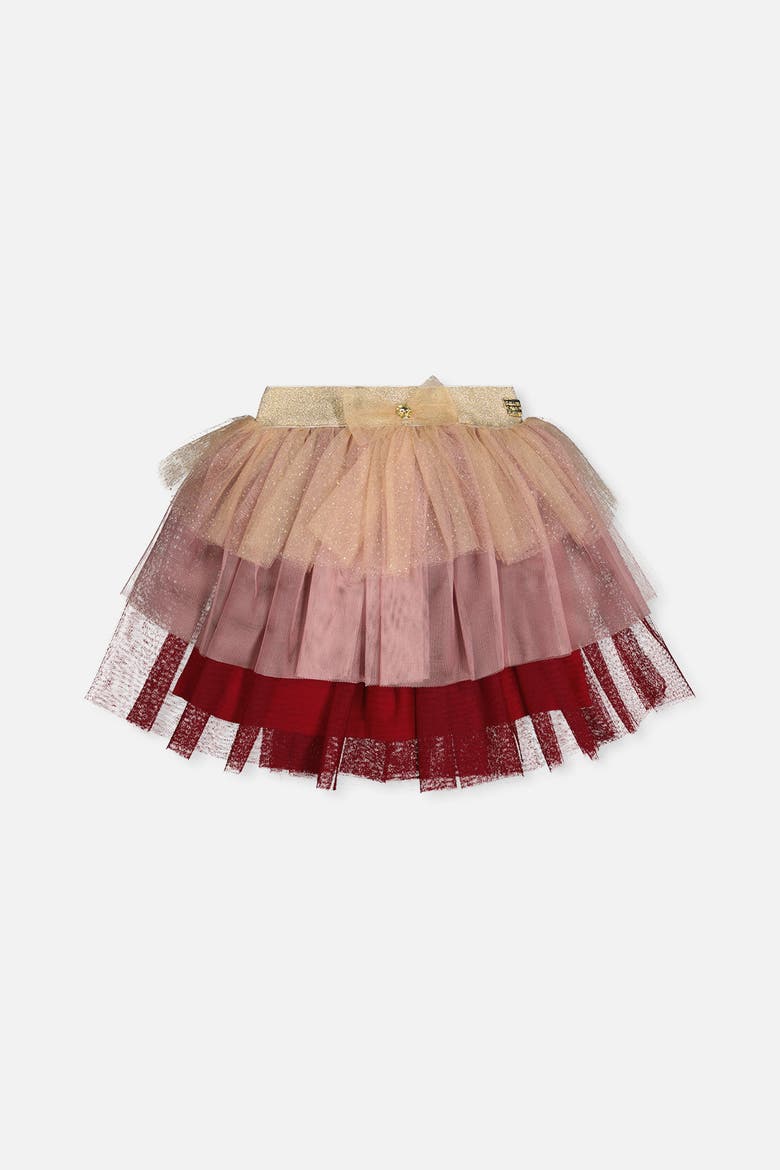 Multi Layer Glittering Mesh Bow Waist Tiered Skirt, Main, color, Red, Pink and Beige Stripe