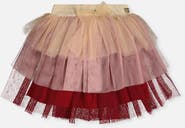 Deux par Deux Multi Layer Glittering Mesh Bow Waist Tiered Skirt